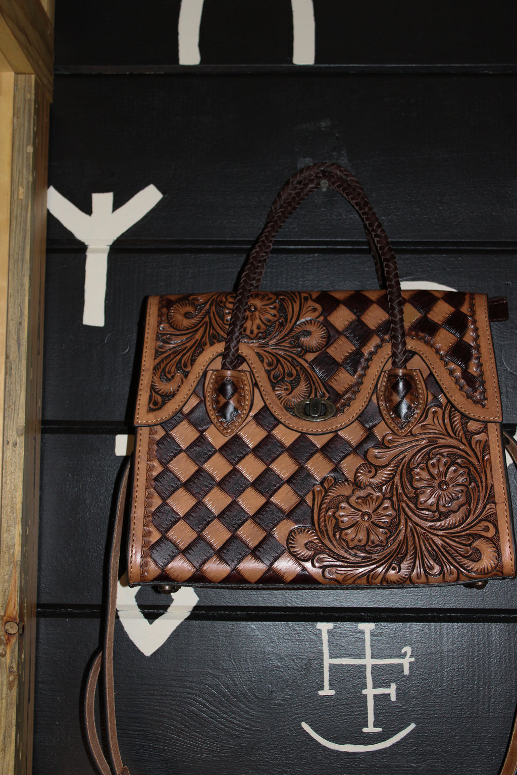 Checkered tooled leather crossbody