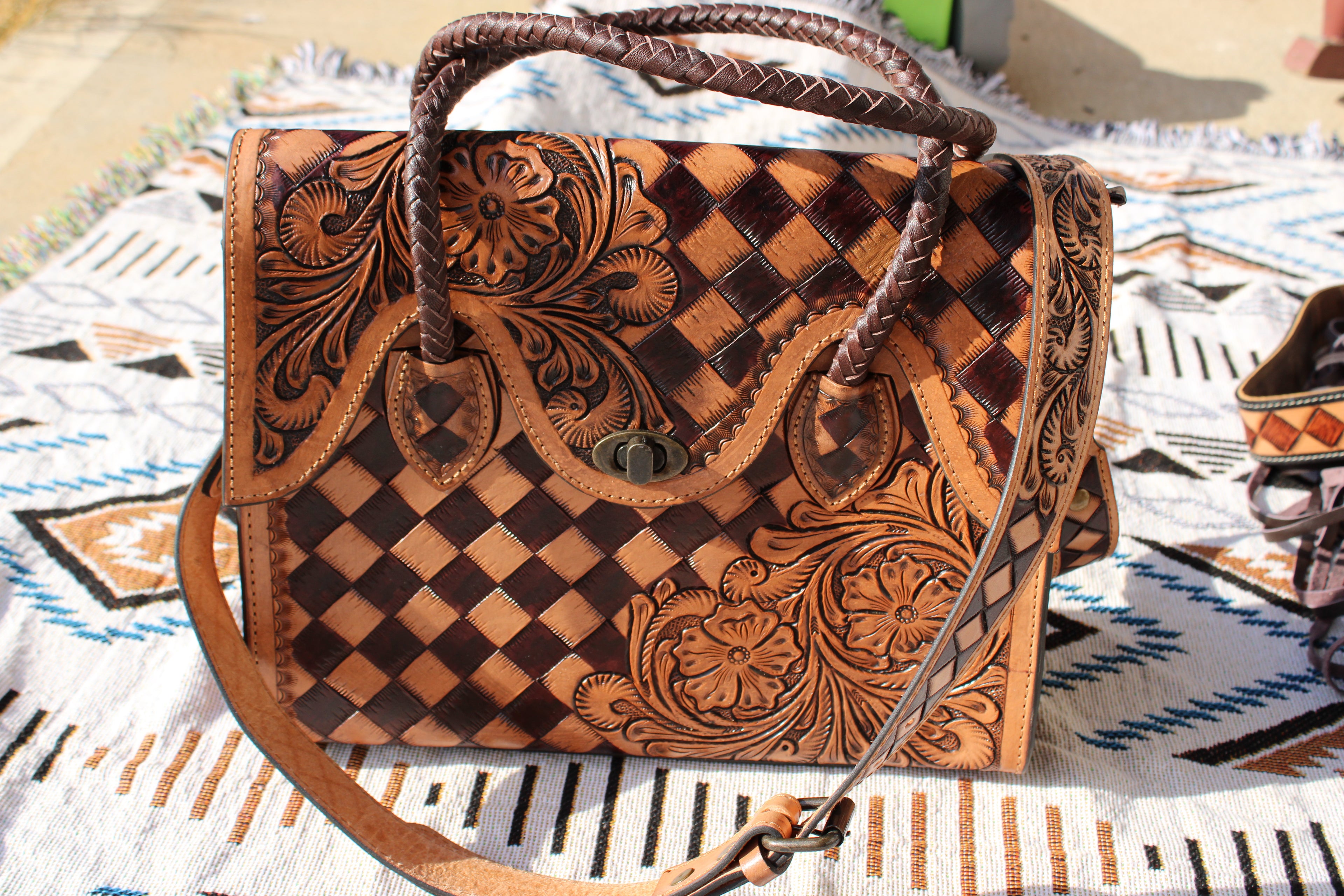 Checkered tooled leather crossbody