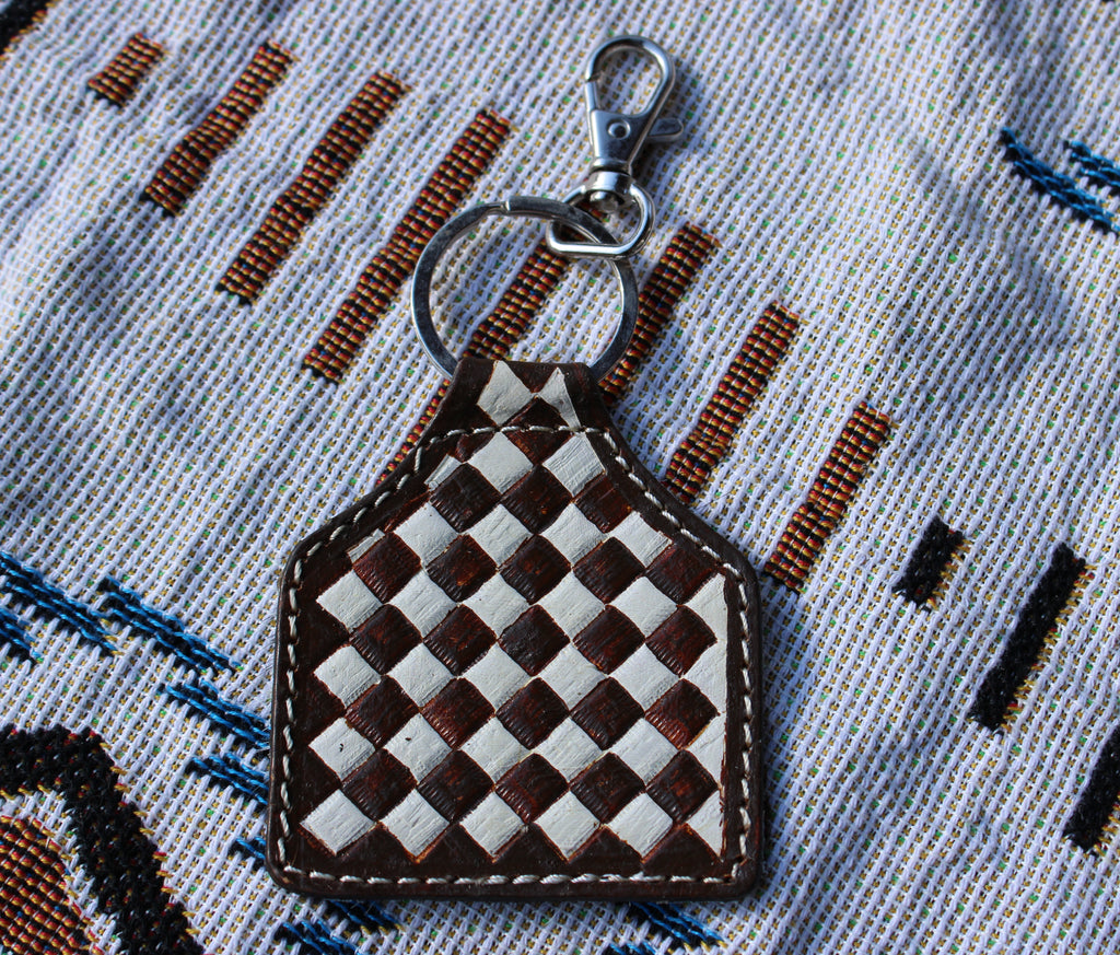 Brown checkered tooled leather keychain