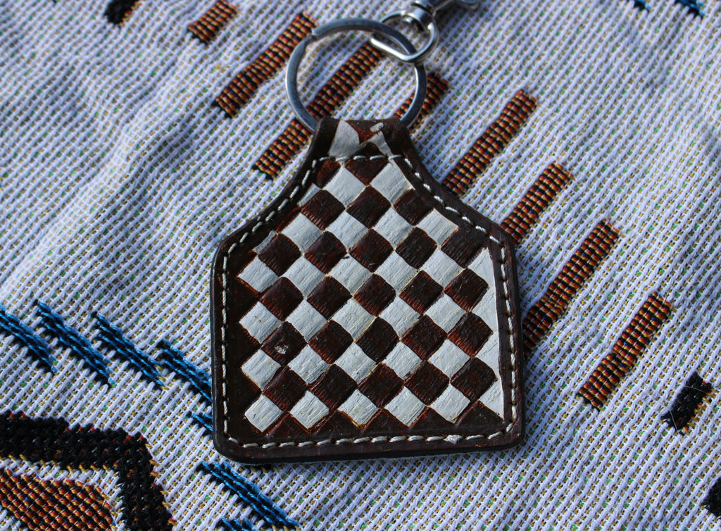 Brown checkered tooled leather keychain