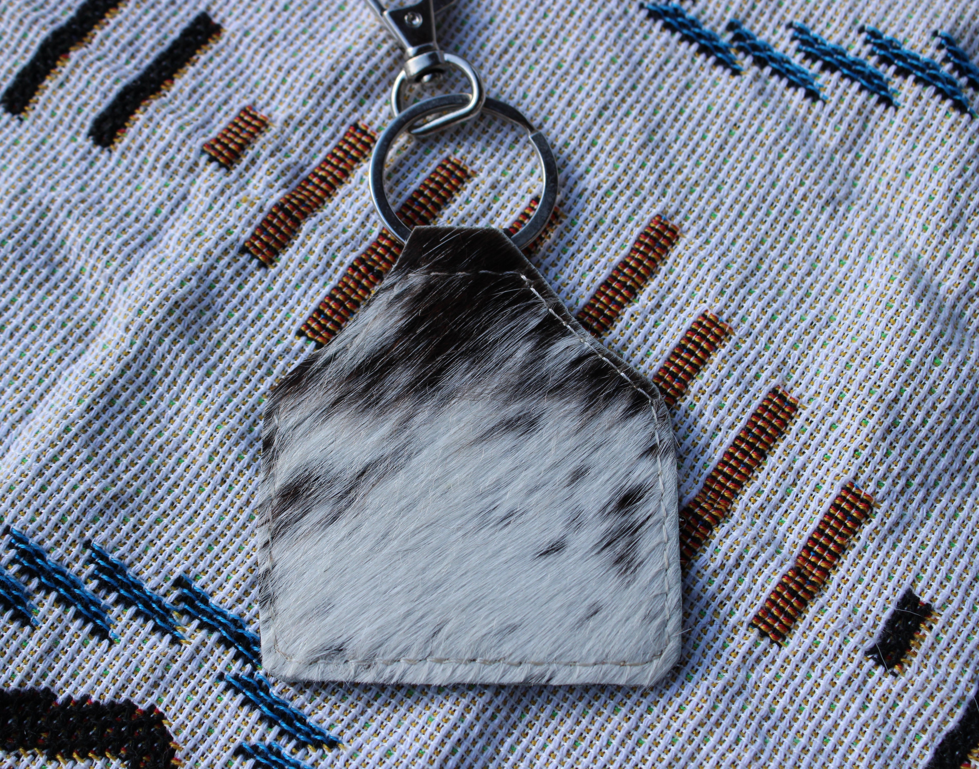 Brown checkered tooled leather keychain