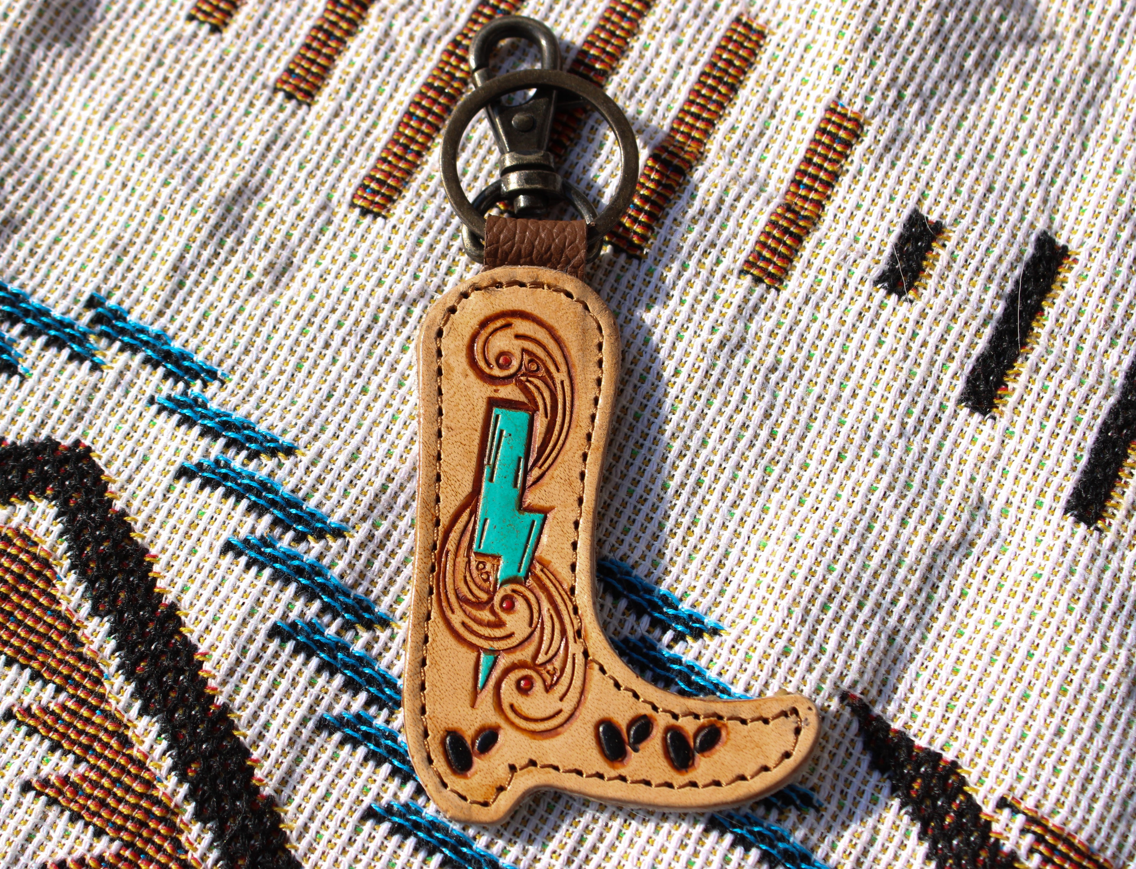 Lightening bolt tooled boot keychain