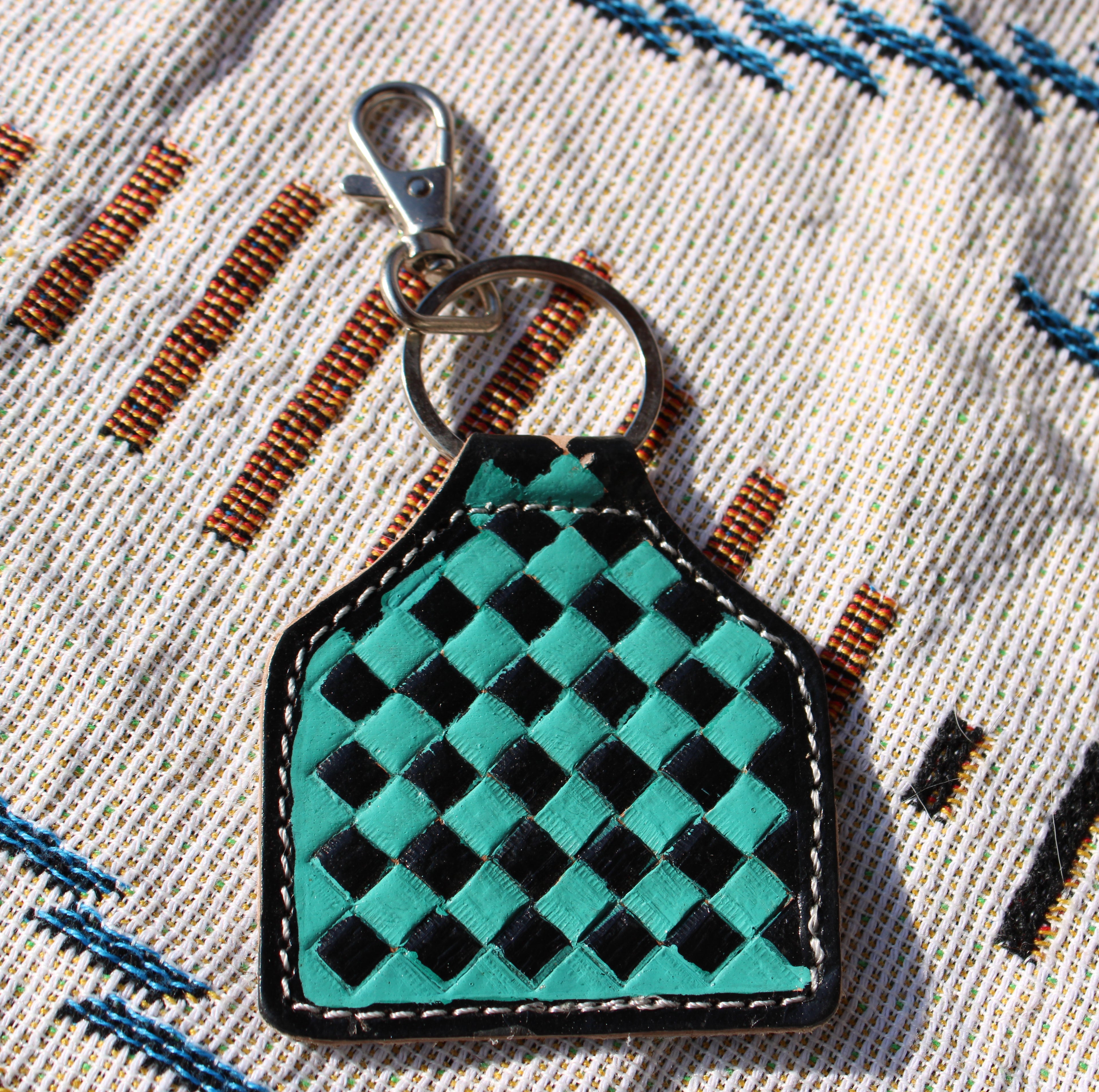 Turquoise checkered tooled leather keychain