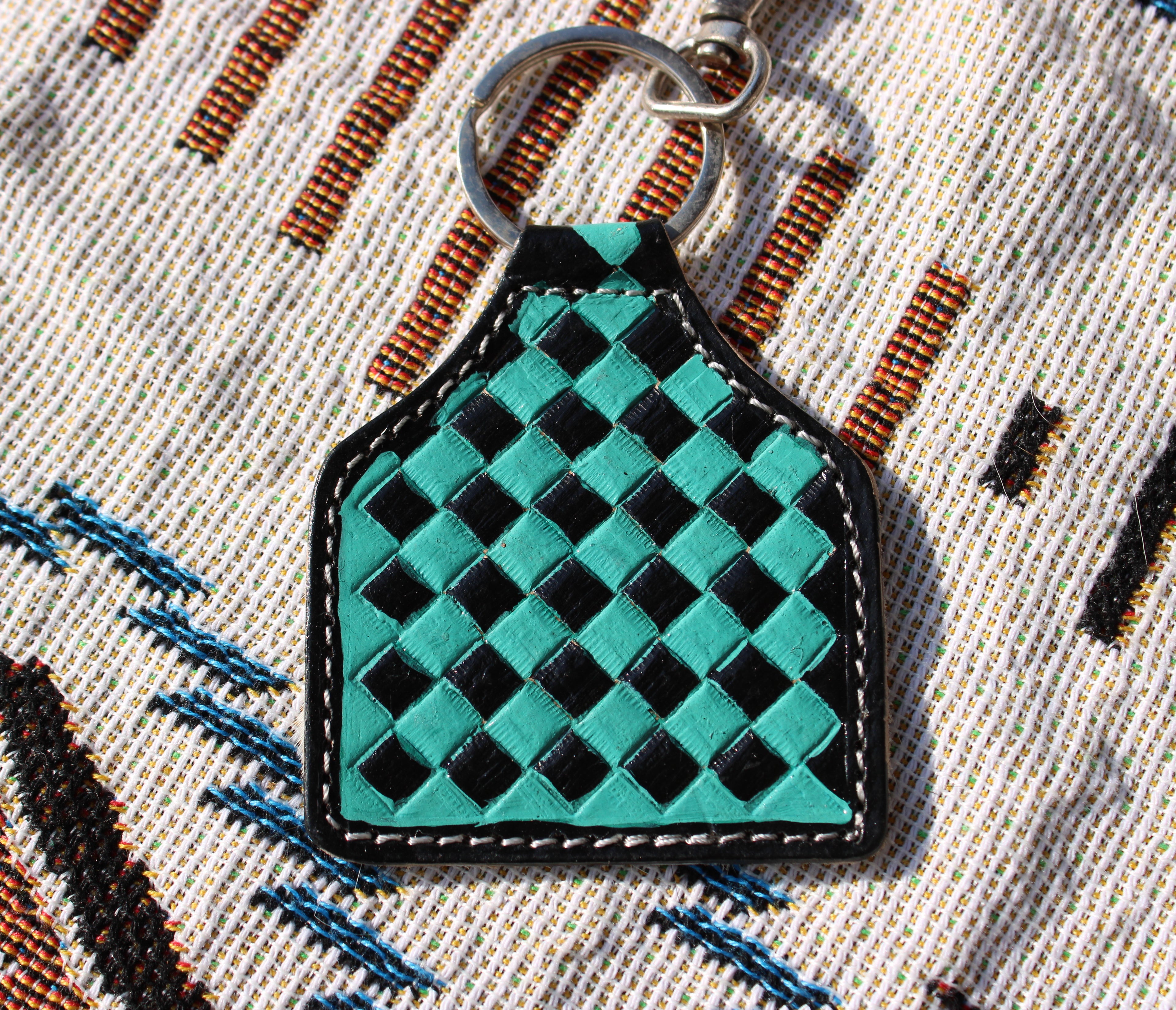 Turquoise checkered tooled leather keychain