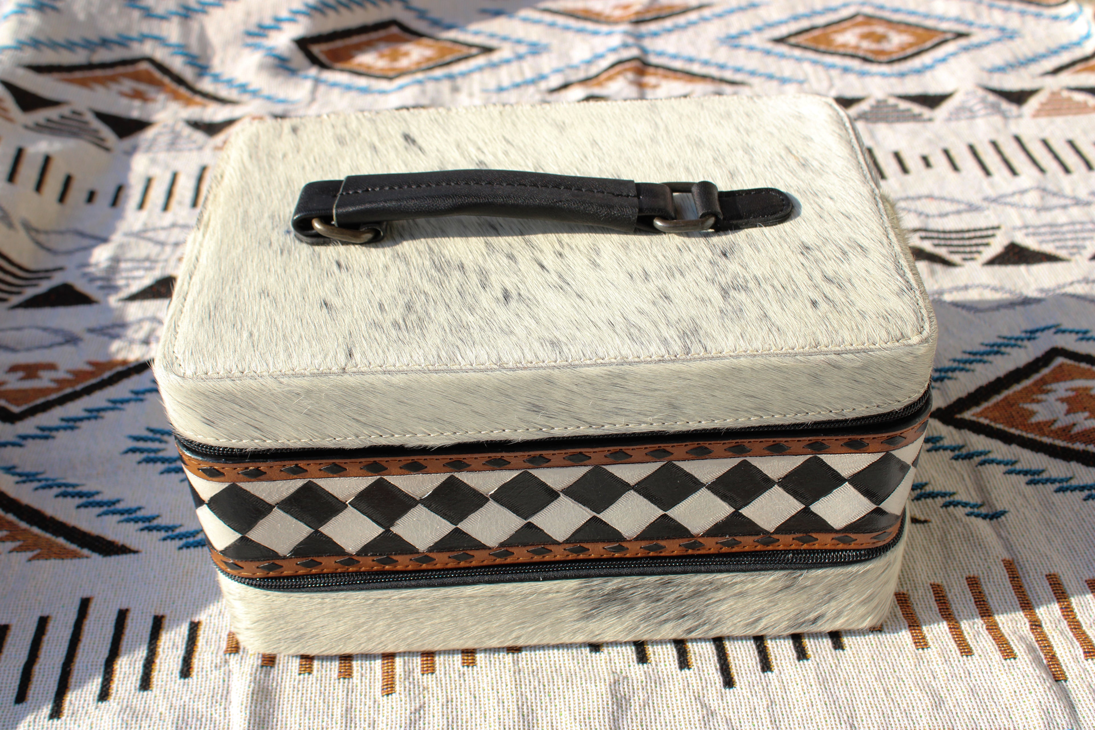 CHECKER TOOLED & COWHIDE JEWELRY BOX
