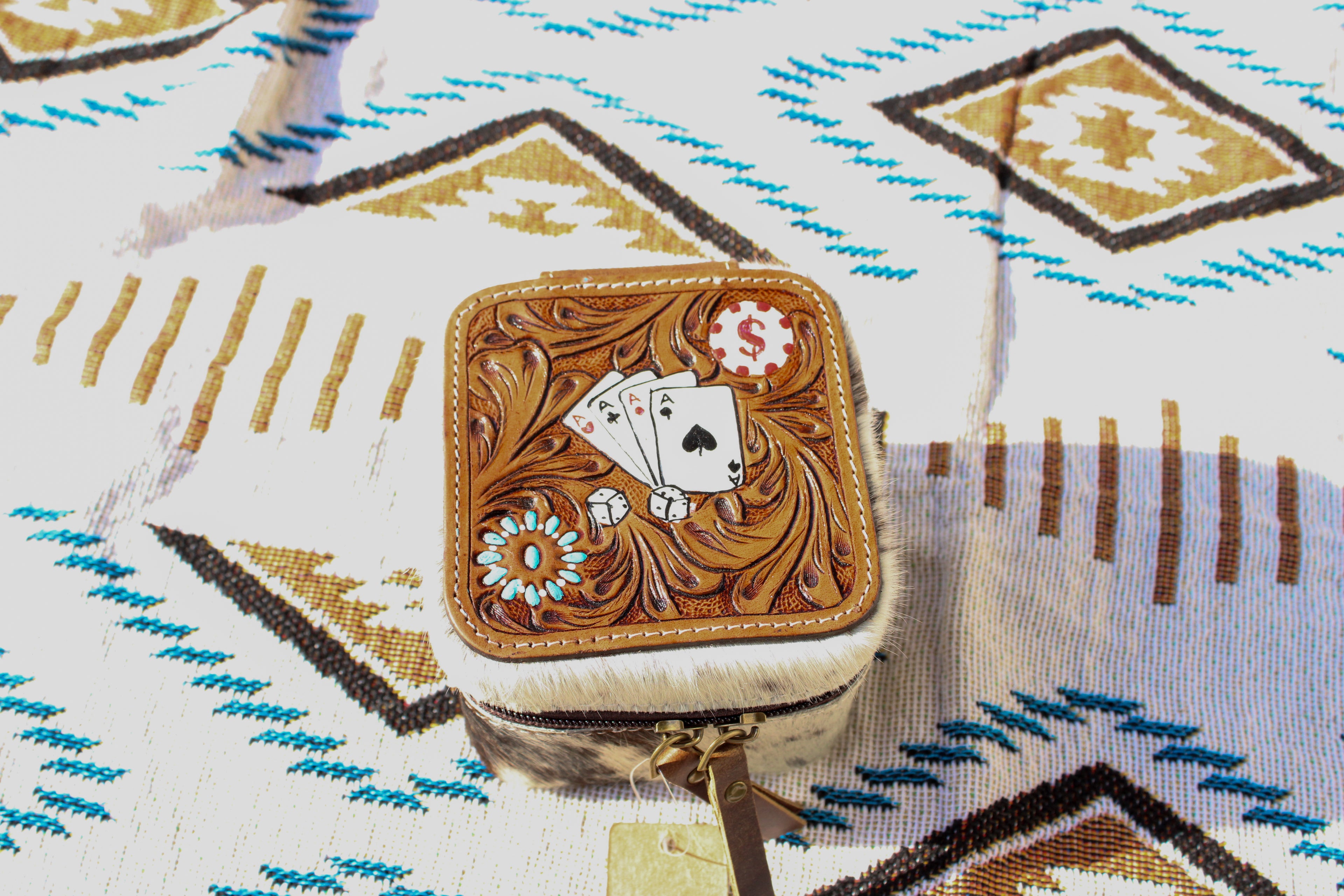 Tooled leather jackpot cowhide jewelry case