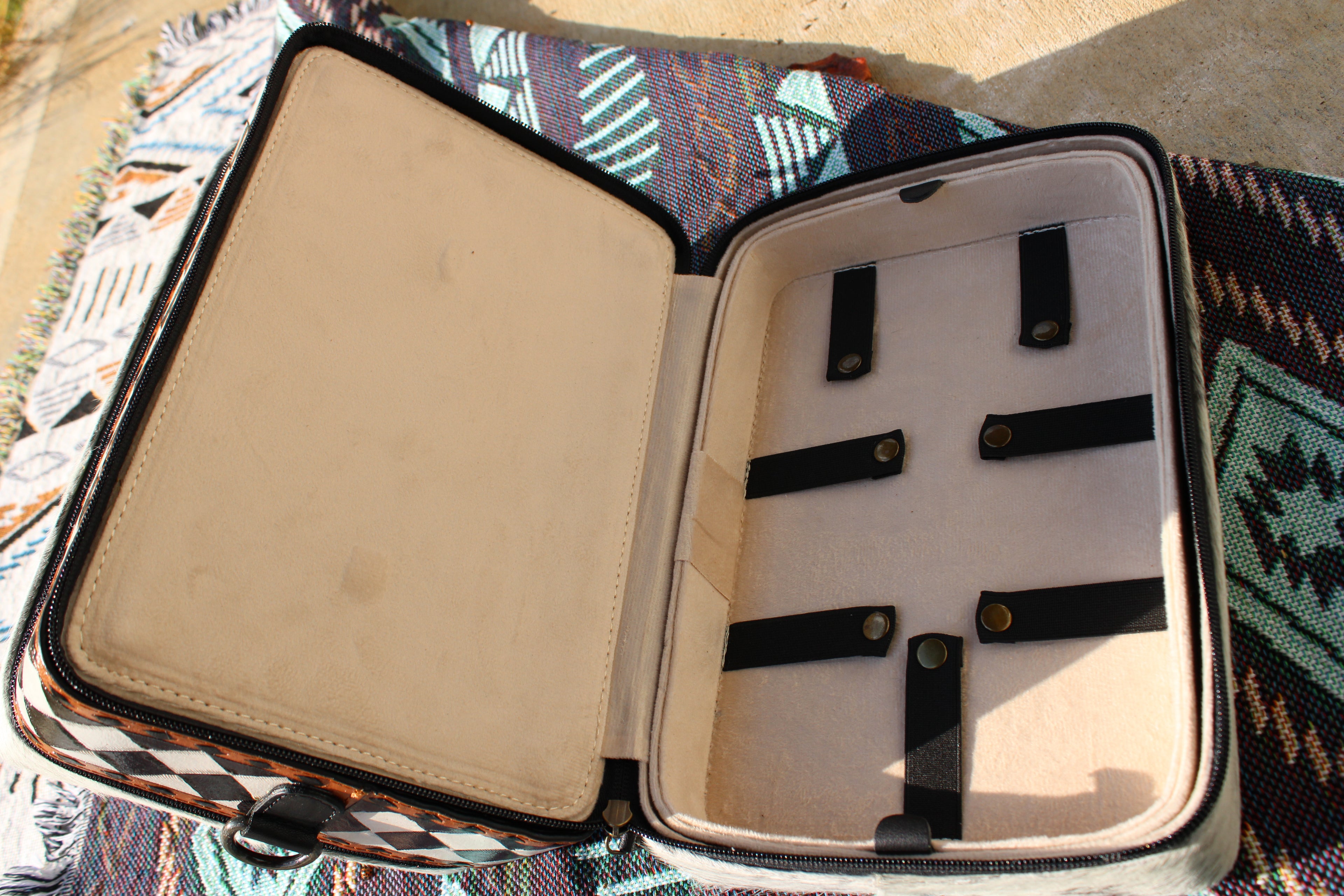 CHECKER TOOLED & COWHIDE JEWELRY BOX