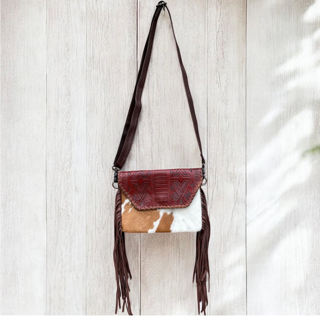 Cowhide and fringe small crossbody