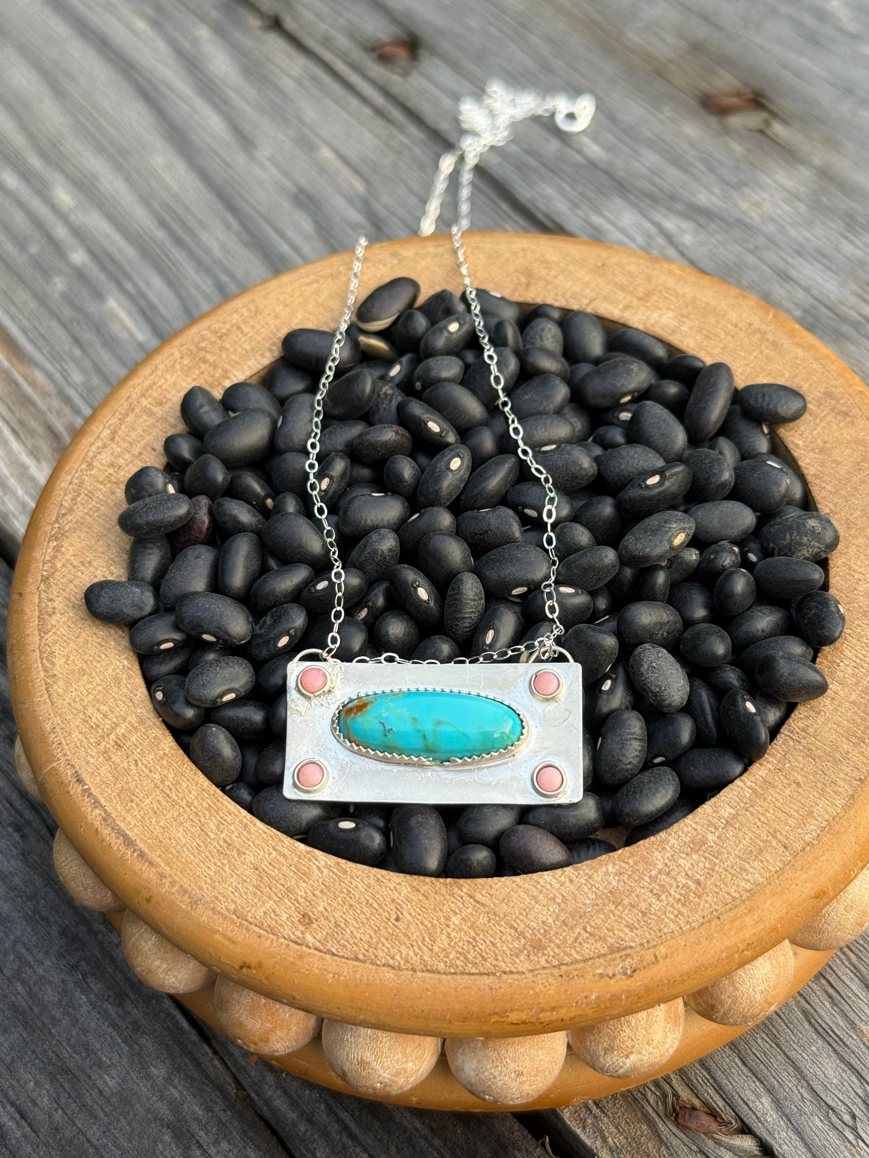 Kingman turquoise with pink conch bar necklace